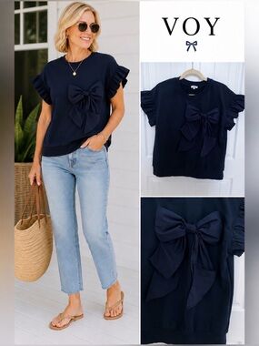 VOY Navy Ruffle Sleeve Bow Top
